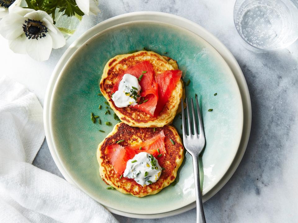 Corn Pancakes with Smoked Salmon and Lemon-Chive Cream