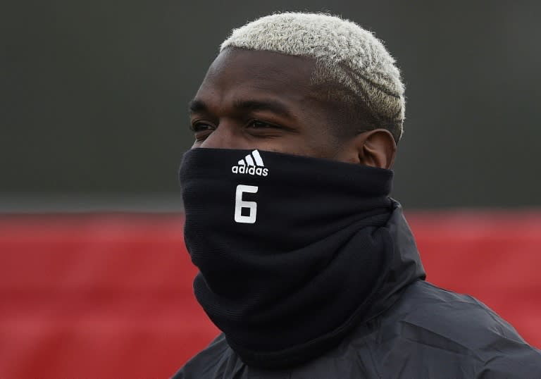 Manchester United midfielder Paul Pogba trains on February 15, 2017, on the eve of his side's Europa League clash with Saint-Etienne