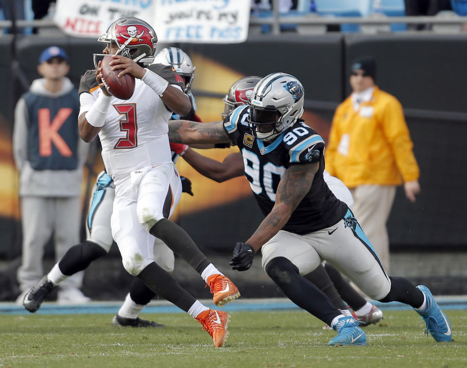 Buccaneers quarterback Jameis Winston was sacked seven times by the Panthers, and had three lost fumbles, including one to effectively end the game. (AP)