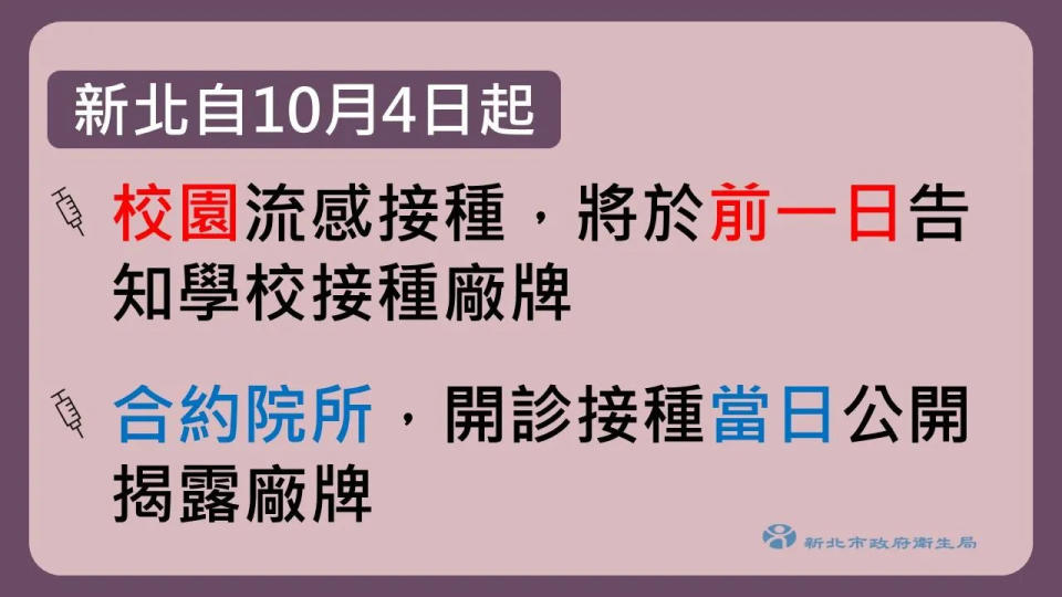 <strong>新北市衛生局宣佈10月4日起校園流感接種，將於前一日告知學校接種廠牌，以便家長選擇在校集中接種或自行接種。（圖／新北市衛生局提供）</strong>