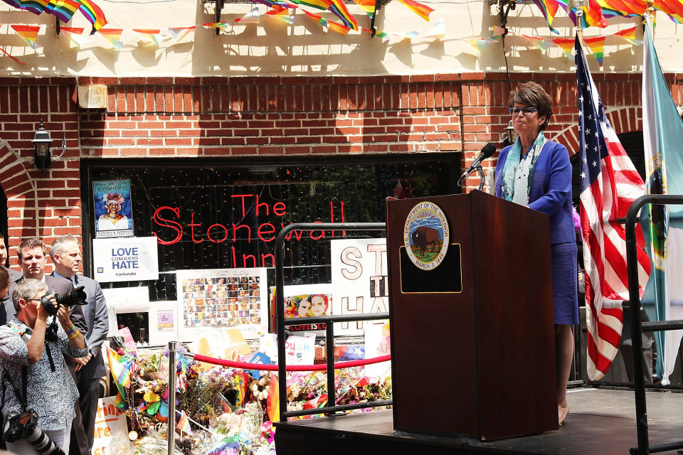 Valerie Jarrett, Senior Adviser to President Barack Obama, speaking at a dedication ceremony officially designating the Stonewall Inn as a national monument to gay rights on June 27, 2016, in New York City. (Photo: Spencer Platt/Getty Images)
