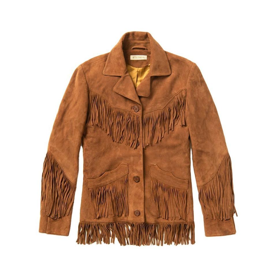 <p><a href="https://www.breeches.com/products/stetson-womens-lamb-suede-fringed-jacket?currency=USD&variant=39336498888871&gclid=Cj0KCQjw5JSLBhCxARIsAHgO2Sc4JOdjY-HWFhYQOzwsMlKrRfq-v2qCt0y4lknCA1XZJpUSp-5JIkEaArSvEALw_wcB" rel="nofollow noopener" target="_blank" data-ylk="slk:Shop Now;elm:context_link;itc:0;sec:content-canvas" class="link ">Shop Now</a></p><p>Lamb Suede Fringed Jacket</p><p>breeches.com</p><p>$360.00</p>