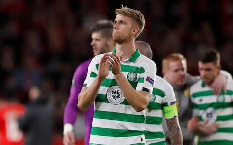 Celtic's Kristoffer Ajer applauds the fans - Credit: REUTERS