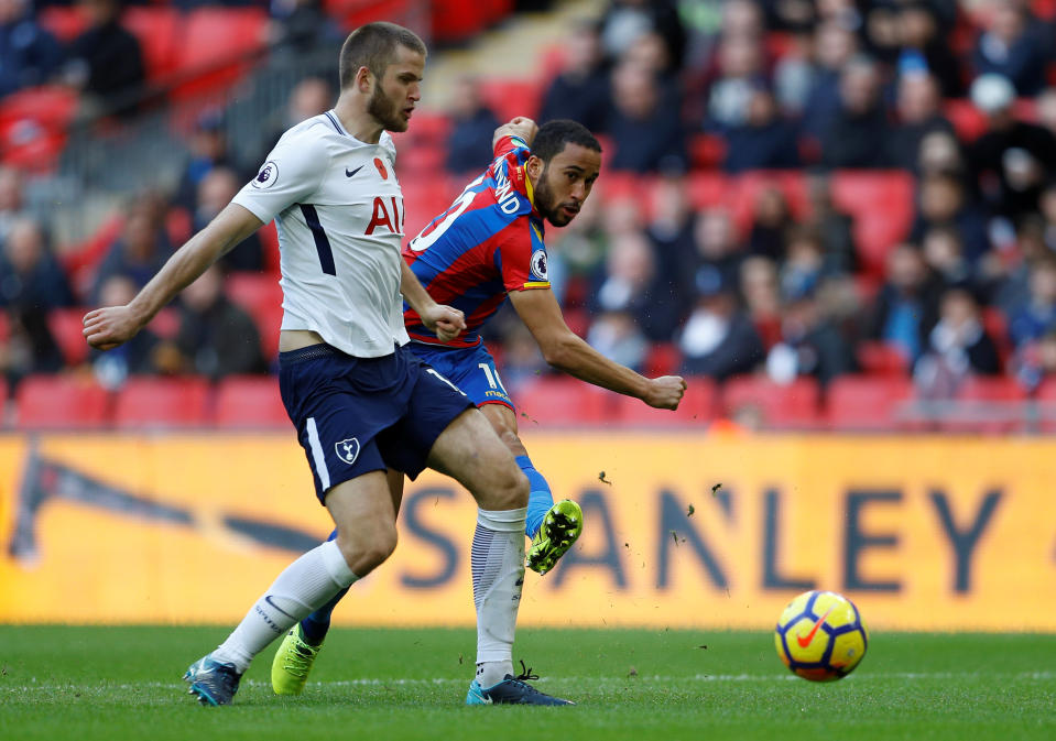 Crystal Palace’s Andros Townsend shoots at goal past Tottenham’s Eric Dier