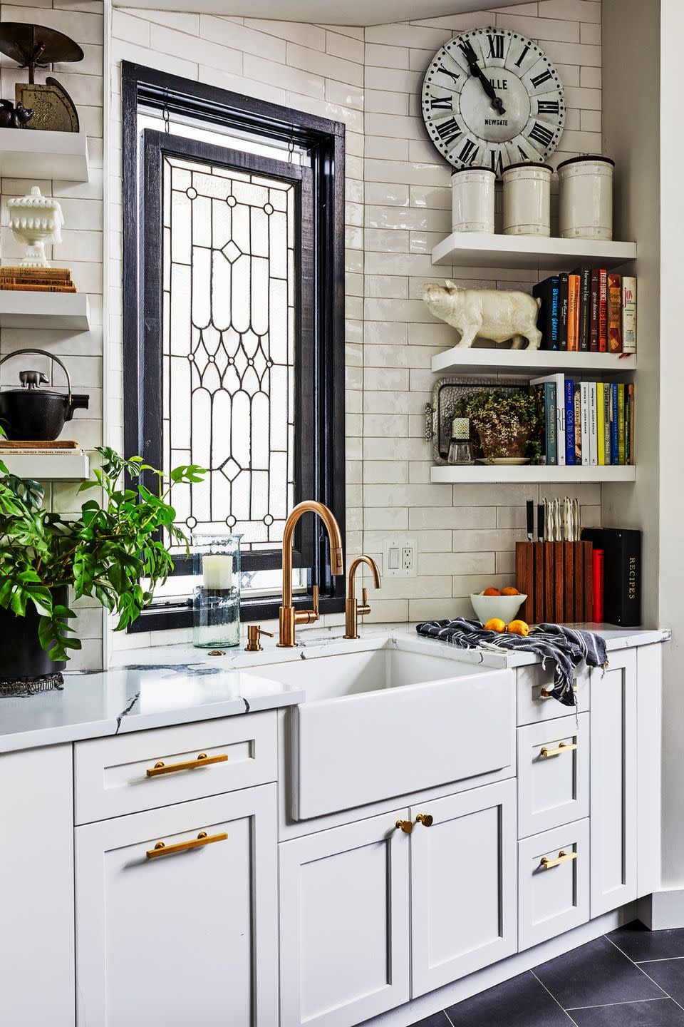 kitchen with stained glass window panel