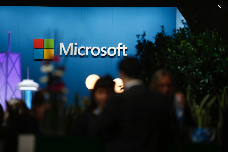 A logo sits on display outside the Microsoft Corp. pavilion at the Mobile World Congress in Barcelona, Spain, on Wednesday, March 4, 2015. The event, which generates several hundred million euros in revenue for the city of Barcelona each year, also means the world for a week turns its attention back to Europe for the latest in technology, despite a lagging ecosystem. Photographer: Simon Dawson/Bloomberg via Getty Images