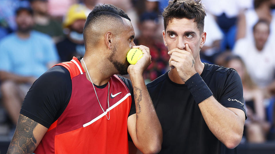 Nick Kyrgios and Thanasi Kokkinakis pulled off a stunning doubles upset against top seeds Mate Pavic and Nikola Mektic on Friday afternoon. (Photo by Darrian Traynor/Getty Images)