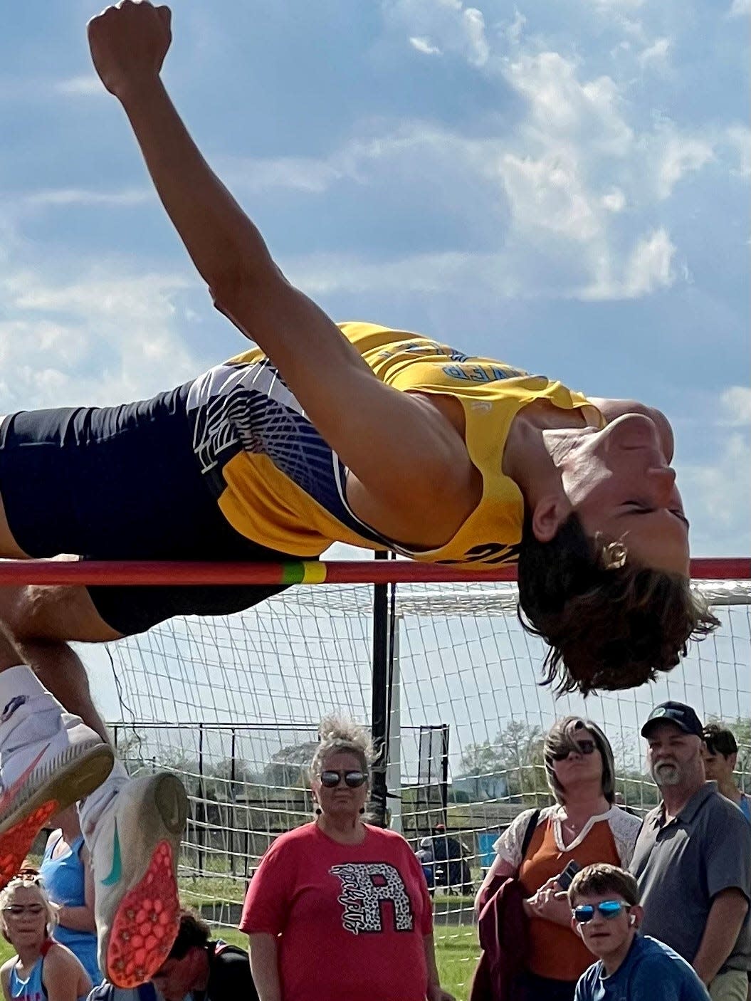 River Valley's Gabe Douce clears the bar en route to winning the boys high jump during Wednesday's Marion County Track and Field Meet at RV.