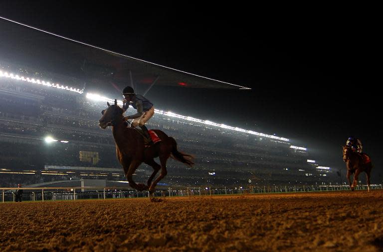 Jockey William Buick celebrates as he rides Prince Bishop, owned by Crown Prince of Dubai Sheikh Rashid Bin Mohamed Bin Rashid al-Maktoum, to win the US$10 million Dubai World Race on March 28, 2015 at Meydan racecourse in Dubai