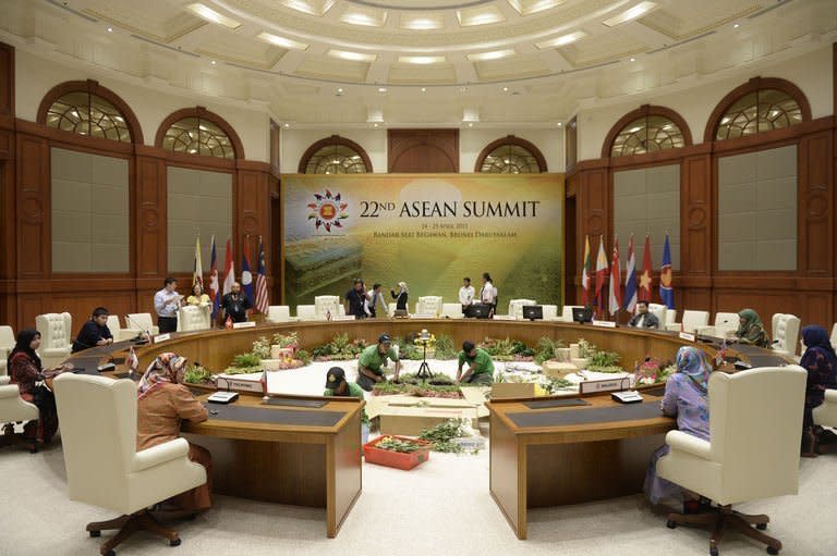 Preparations are made in Bandar Seri Begawan on April 23, 2013, before the meeting of the Association of Southeast Asian Nations leaders