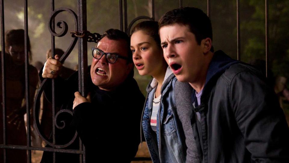 rl stine dylan and hanna look shocked in a scene from goosebumps a good housekeeping pick for best scary movies for kids