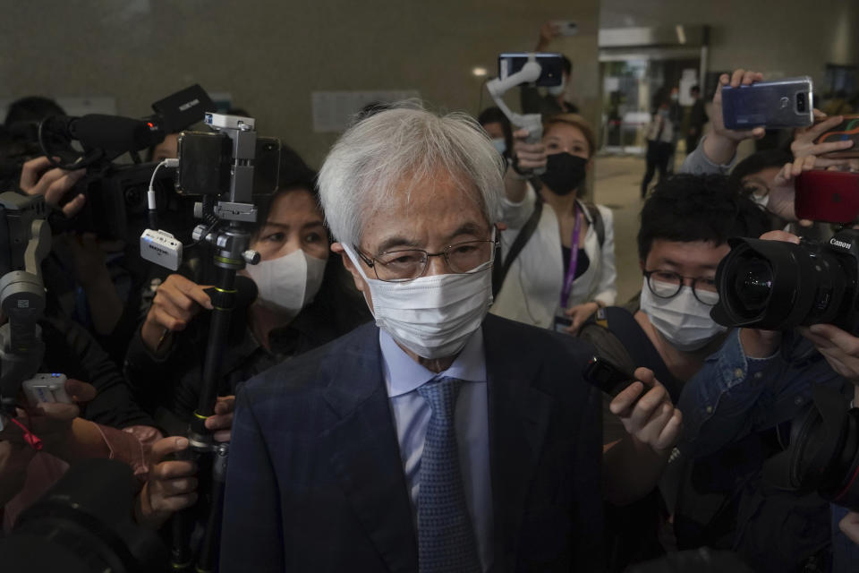 Pro-democracy activist Martin Lee arrives at a court in Hong Kong Friday, April 16, 2021. Seven of Hong Kong’s leading pro-democracy advocates, including Lee and pro-democracy media tycoon Jimmy Lai, are expected to be sentenced Friday for organizing a march during the 2019 anti-government protests that triggered an overwhelming crackdown from Beijing.(AP Photo/Kin Cheung)