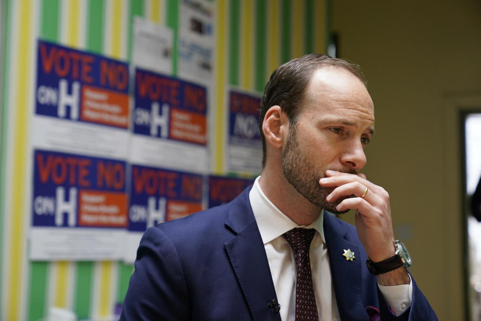 San Francisco District Attorney Chesa Boudin ponders a reporter's question at his recall campaign headquarters in San Francisco on May 26, 2022. Politically liberal San Francisco could vote out one of the most progressive prosecutors in the country nearly three years after he was elected. Boudin's time in office coincided with a pandemic in which brutal attacks against Asian seniors and viral footage of rampant shoplifting fueled a rare campaign to remove him. (AP Photo/Eric Risberg)