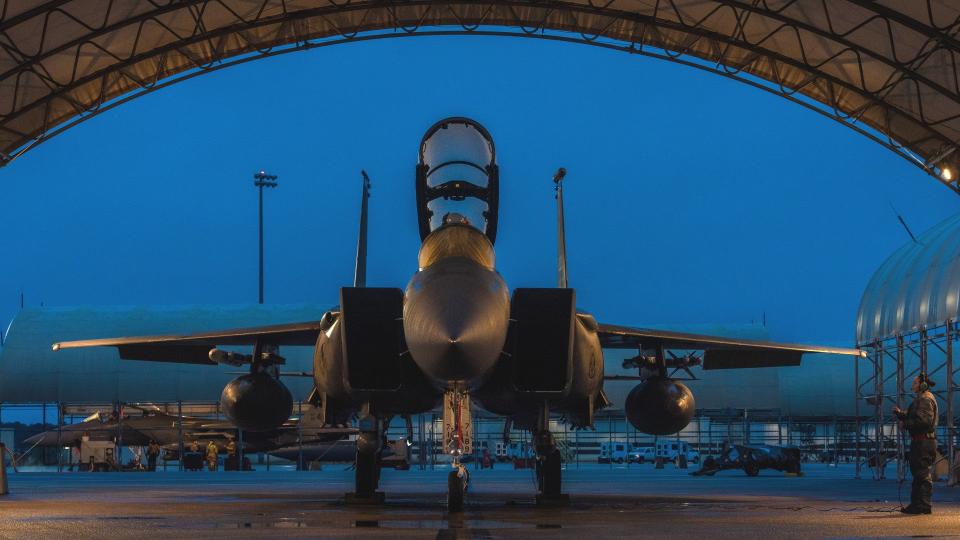 Another look at an F-15E under an open shelter at Seymour Johnson Air Force Base. <em>USAF</em>