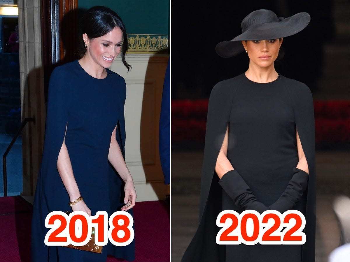 A side-by-side of Meghan Markle in 2018 and 2022.