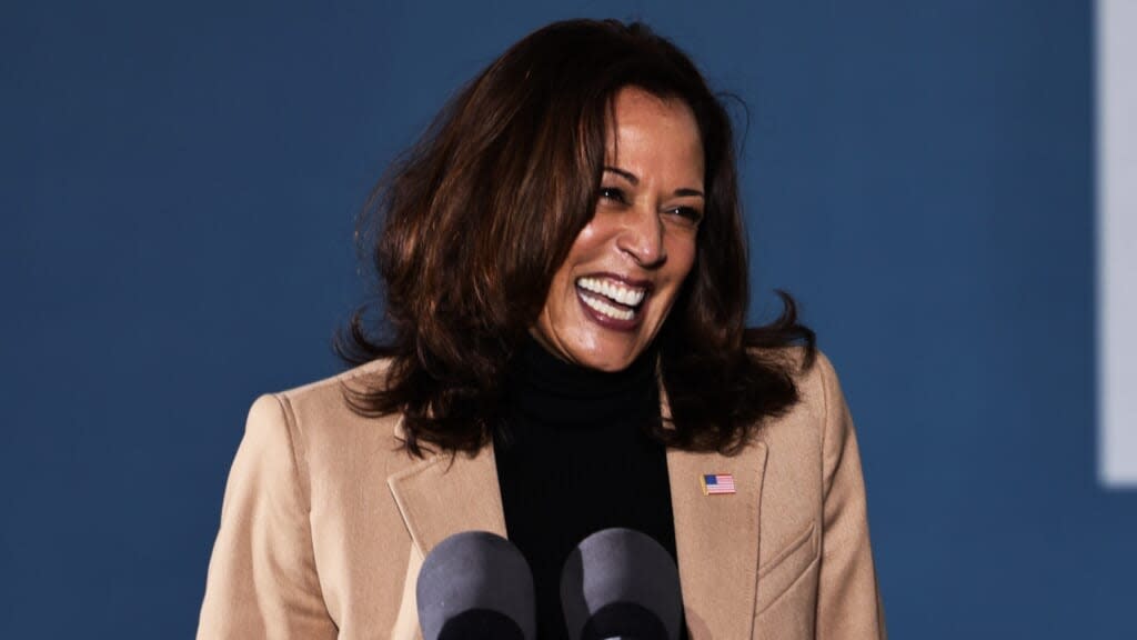 Vice President-elect Kamala Harris speaks Sunday at a drive-in rally at Garden City Stadium in Savannah, Georgia in support of Georgia Democratic Senate candidates Rev. Raphael Warnock and Jon Ossoff. (Photo by Michael M. Santiago/Getty Images)