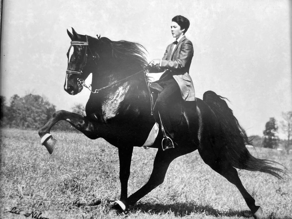 Anne Daugette is shown aboard Rock-A-Bye Lady after winning the Ladies World Championship at the 1968 Tennessee Walking Horse Celebration.