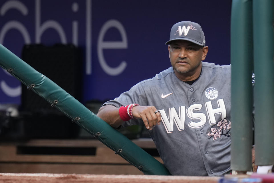 Washington Nationals manager Dave Martinez watches the first inning of a baseball game against the Philadelphia Phillies, Friday, June 2, 2023, in Washington. (AP Photo/Patrick Semansky)