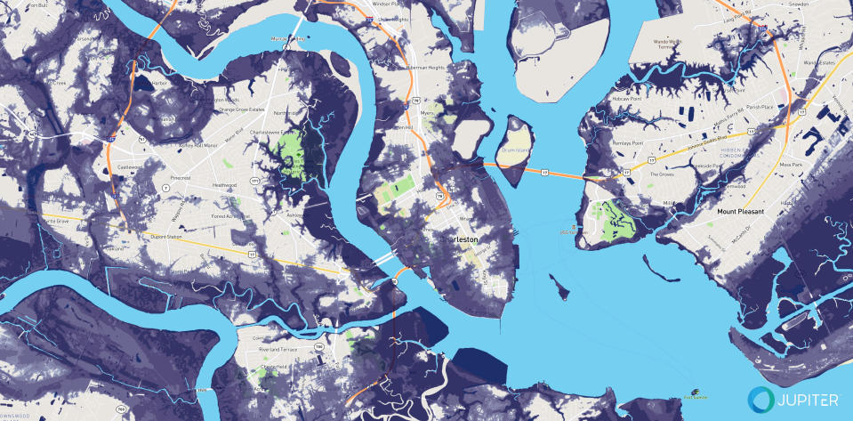 Flood depth from tropical and nontropical storm surge with 1 percent annual probability in Charleston, S.C. (High Sea Level Rise Scenario, 2030) (Source: Jupiter)