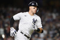 New York Yankees designated hitter Aaron Judge runs after hitting a double against Boston Red Sox starting pitcher Brayan Bello during the first inning of a baseball game Sunday, Sept. 25, 2022, in New York. (AP Photo/Jessie Alcheh)