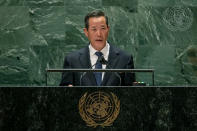 In this photo released by the United Nations, North Korea's U.N. Ambassador Kim Song speaks during the 76th session of the United Nations General Assembly, Monday, Sept. 27, 2021, at U.N. headquarters. (Cia Park/United Nations via AP)