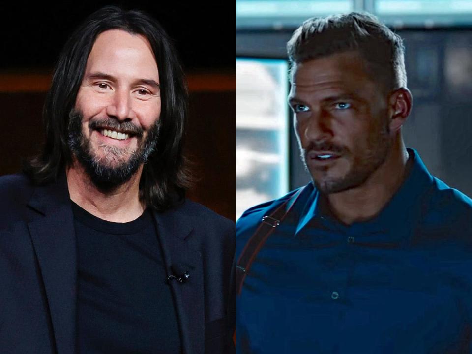 keanu reaves at a public speaking event and the villain of fast x in a scene from the film