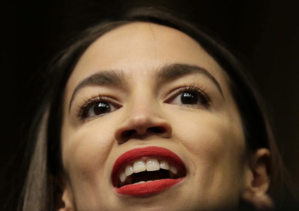 Rep. Alexandria Ocasio-Cortez, D-N.Y., speaks during the National Action Network Convention in New York, Friday, April 5, 2019. (AP Photo/Seth Wenig)