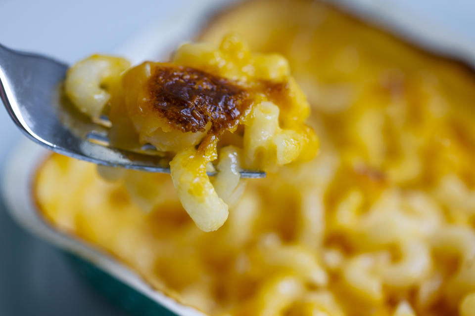 a forkful of baked mac 'n' cheese