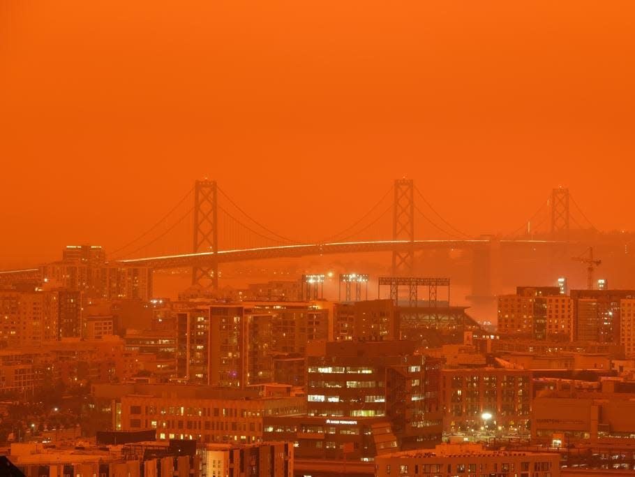 Golden Gate bridge seen with red skies