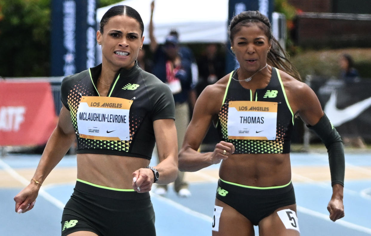 Los Angeles, CA - May 18:  Sydney McLaughlin-Levrone of the USA wins the women's 200m race with a time of 22.07 as Gabby Thomas finished sixth with a time of 22.68 during the USATF Los Angeles Grand Prix track and field meet at Drake Stadium on the campus of UCLA in Los Angeles on Saturday, May 18, 2024. (Photo by Keith Birmingham/MediaNews Group/Pasadena Star-News via Getty Images)