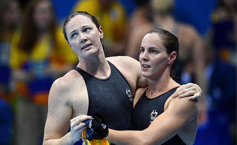 Bronte and Cate react after failing to place in the women's 100m freestyle final. Photo: AAP