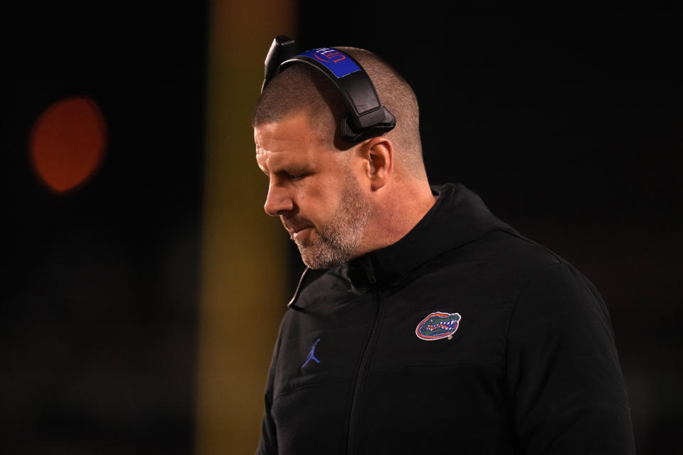 Florida head coach Billy Napier is seen on the sidelines during the first half of an NCAA college football game against Missouri Saturday, Nov. 18, 2023, in Columbia, Mo. (AP Photo/Jeff Roberson)