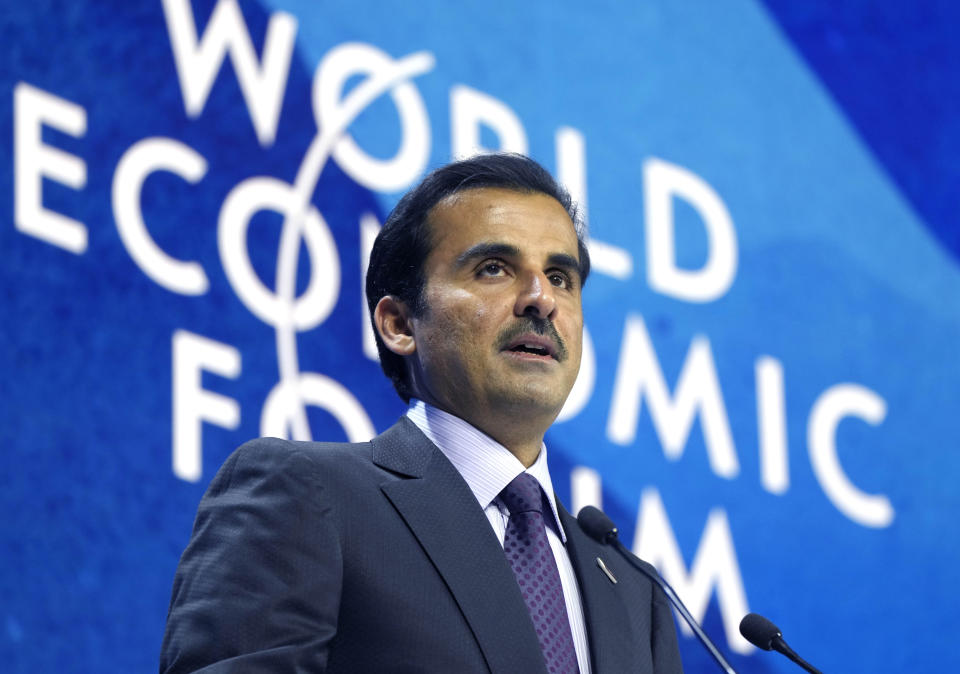 The Emir of Qatar, Sheikh Tamim bin Hamad Al Thani speaks during the World Economic Forum in Davos, Switzerland, Monday, May 23, 2022. The annual meeting of the World Economic Forum is taking place in Davos from May 22 until May 26, 2022. (AP Photo/Markus Schreiber)