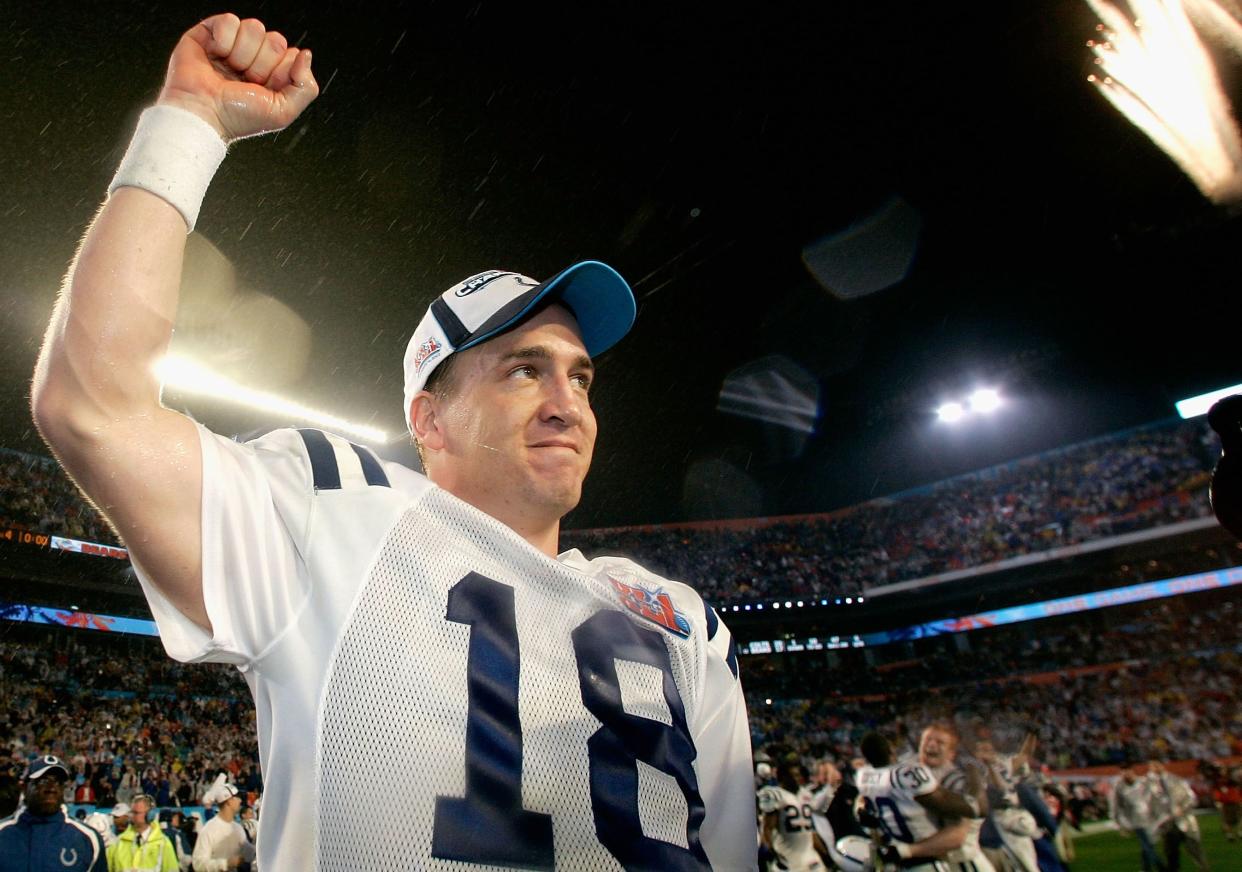 Quarterback Peyton Manning #18 of the Indianapolis Colts celebrates winning the Super Bowl XLI qith a score of 29-17 over the Chicago Bears on February 4, 2007 at Dolphin Stadium in Miami Gardens, Florida.