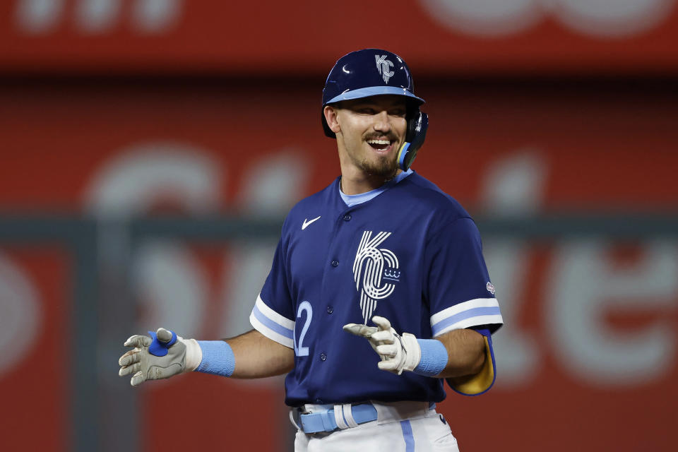 Kansas City Royals' Nick Loftin smiles after an RBI double, his first hit in the majors, during the third inning of the team's baseball game against the Boston Red Sox in Kansas City, Mo., Friday, Sept. 1, 2023. (AP Photo/Colin E. Braley)