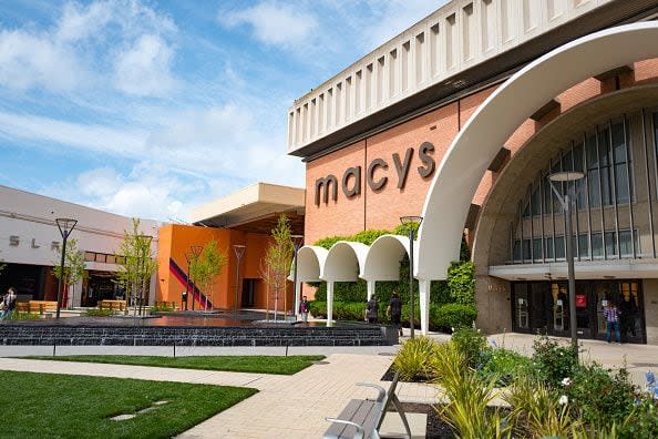 2017 Macy's department store on a sunny day, with a cloudy blue sky, at the Stanford Shopping Center, an upscale outdoor shopping mall in the Silicon Valley town of Stanford, California, April 7, 2017. (Photo via Smith Collection/Gado/Getty Images).