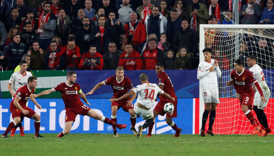 Sevilla’s Guido Pizarro equalizes late in stoppage time against Liverpool. (Reuters)