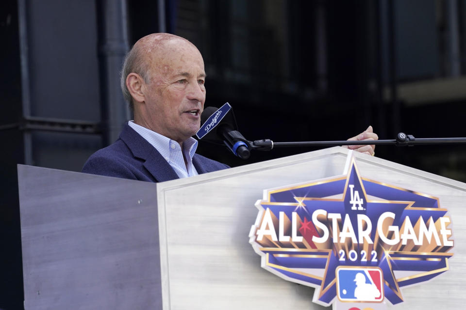 Los Angeles Dodgers' president and CEO Stan Kasten speaks during an event to officially launch the countdown to MLB All-Star Week Tuesday, May 3, 2022, at Dodger Stadium in Los Angeles. The All-Star Game is scheduled to be played on July 19. (AP Photo/Mark J. Terrill)