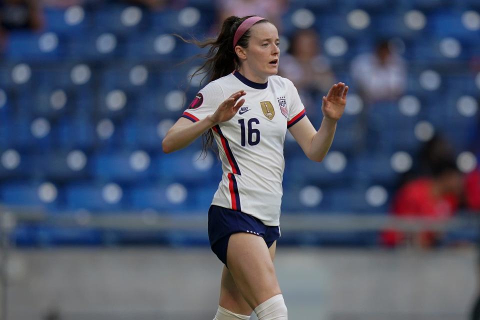 United States' Rose Lavelle celebrates scoring her side's 3rd goal against Jamaica during a CONCACAF Women's Championship soccer match in Monterrey, Mexico, Thursday, July 7, 2022. (AP Photo/Fernando Llano)