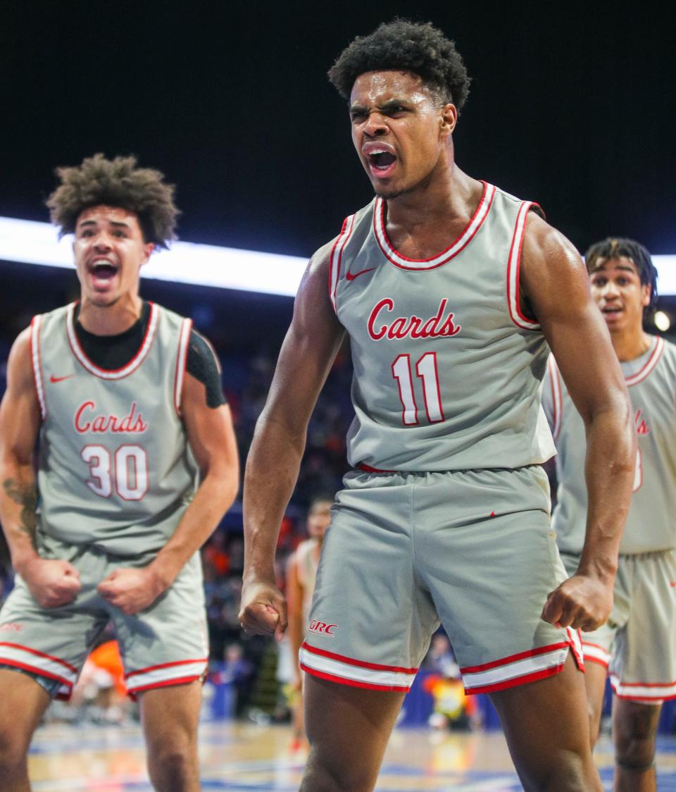 George Rogers Clark guard Jerone Morton reacts after getting the two points plus foul against Frederick Douglass in the second half of Saturday's second KHSAA Boys Sweet 16 semifinal. The Cardinals advanced after winning 51-44. March 18, 2023