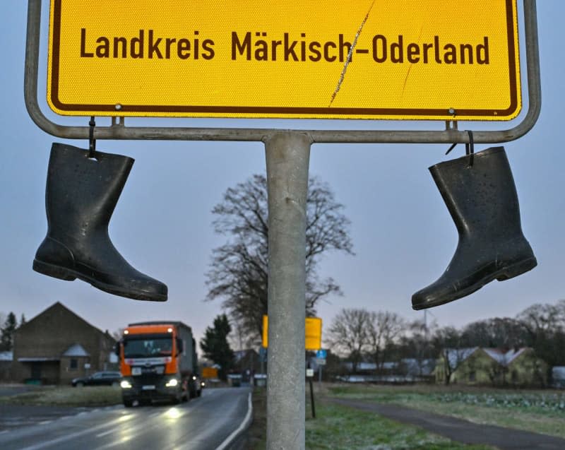 Rubber boots hanging on a town sign during a protest by farmers against the planned cuts and cuts by the federal government. Patrick Pleul/dpa