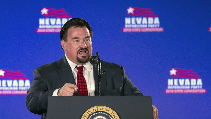 <em>Nevada State GOP Chairman Michael McDonald announces President Donald Trump before he speaks the Nevada Republican Party Convention at the Suncoast Hotel and Casino Saturday, June 23, 2018, in Las Vegas. (AP Photo/L.E. Baskow, File)</em>