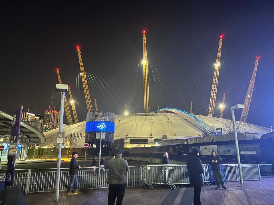 The O2 arena in London at night time.