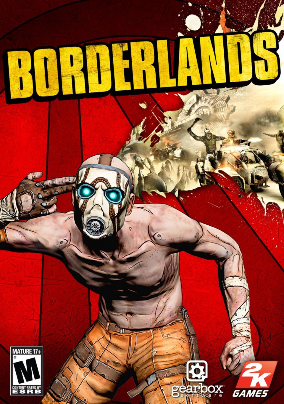 Borderlands video game artwork featuring a shirtless man with a mask in orange pants
