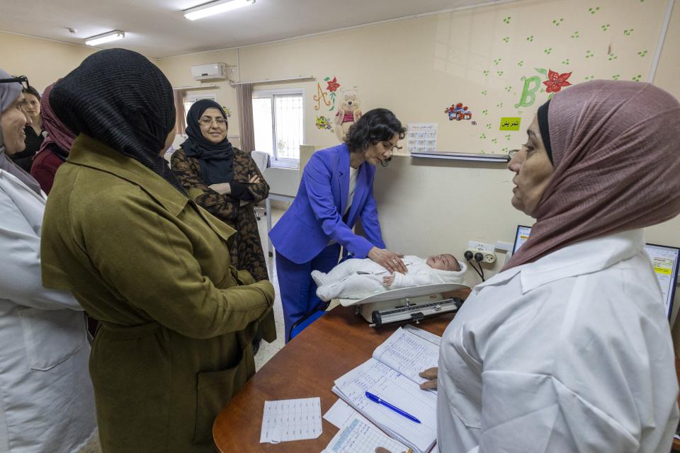 Foreign minister Hadja Lahbib pictured during a visit to the Palestinian refugee camp Al Am’ari, with UNRWA, on the West Bank, on day two of a diplomatic mission to Israel and the Palestinian territories, Thursday 28 March 2024 (BELGA MAG/AFP via Getty Images)