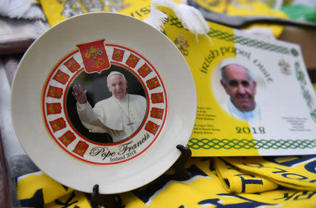 Pope Francis themed souvenirs are seen for sale in Dublin, Ireland August 24, 2018. REUTERS/Clodagh Kilcoyne