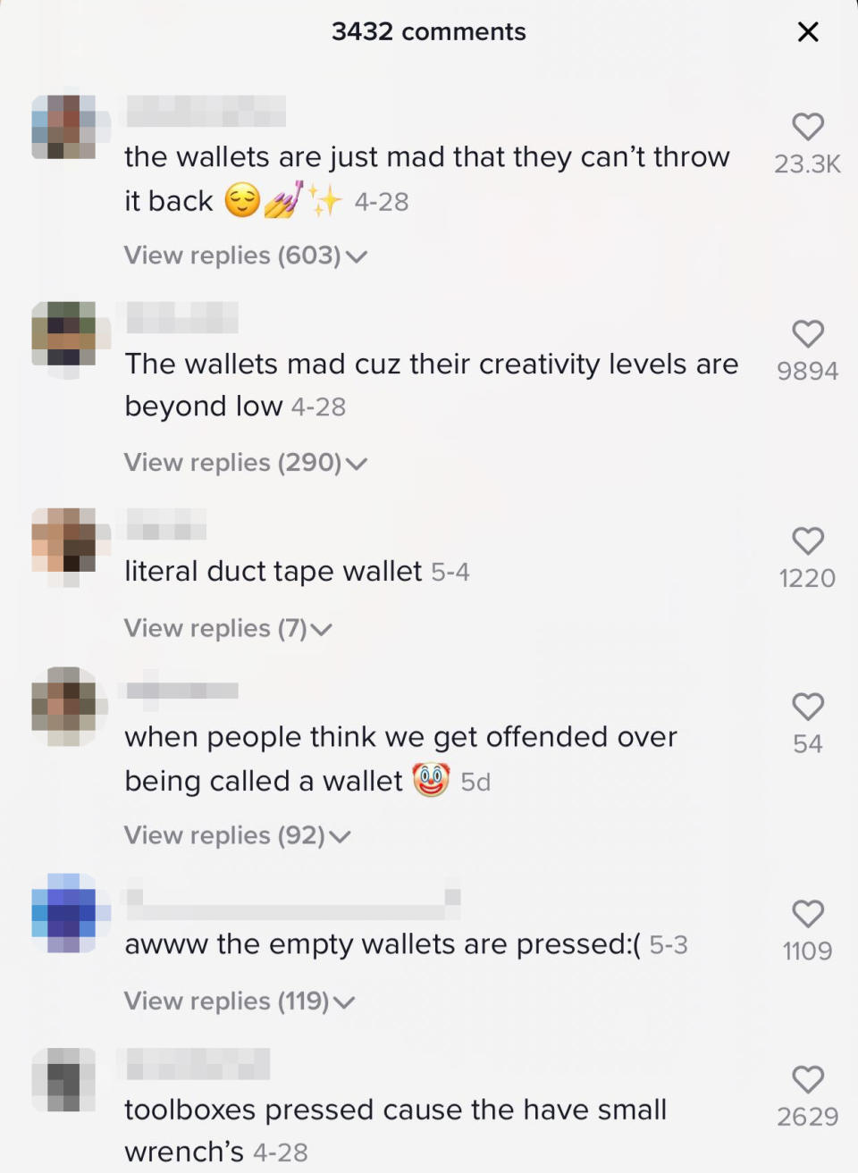 Image: Comments calling men 'wallets' on a TikTok video. (via TikTok)