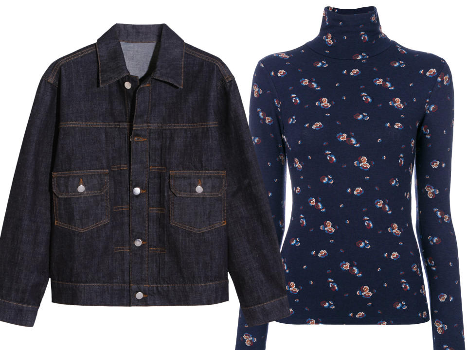 <p>We are taking a page out of Calvin Klein’s book and pairing a printed turtleneck with a button-up denim jacket for that '90s dream look.</p> <p><strong>Shop the look: </strong>Alexa Chung jacket, $360; <a rel="nofollow noopener" href="https://www.net-a-porter.com/us/en/product/898225/ALEXACHUNG/oversized-denim-jacket" target="_blank" data-ylk="slk:net-a-porter.com;elm:context_link;itc:0;sec:content-canvas" class="link ">net-a-porter.com</a>. See by Chloe turtleneck, $185; <a rel="nofollow noopener" href="https://www.farfetch.com/shopping/women/see-by-chloe-pansy-print-turtleneck-top-item-12407913.aspx" target="_blank" data-ylk="slk:farfetch.com;elm:context_link;itc:0;sec:content-canvas" class="link ">farfetch.com</a>. </p>