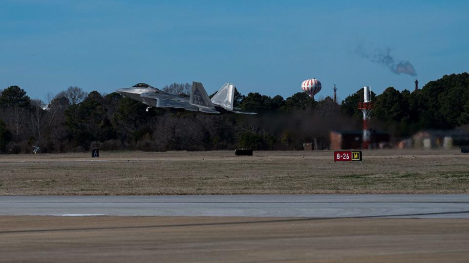 An F-22 Raptor takes off from Joint Base Langley-Eustis, Virginia, Feb. 4, 2023. At the direction of the President of the United States and with the full support of the Government of Canada, U.S. fighter aircraft under U.S. Northern Command authority engaged and brought down a high altitude surveillance balloon within sovereign U.S. airspace and over U.S. territorial waters Feb. 4, 2023.  Active duty, Reserve, National Guard, and civilian personnel planned and executed the operation, and partners from the U.S. Coast Guard, Federal Aviation Administration, and Federal Bureau of Investigation ensured public safety throughout the operation and recovery efforts.