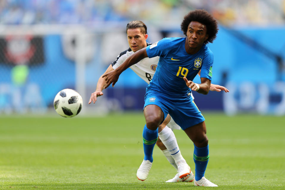 <p>Willian tried to get Brazil going but it’s a frustrating first half </p>